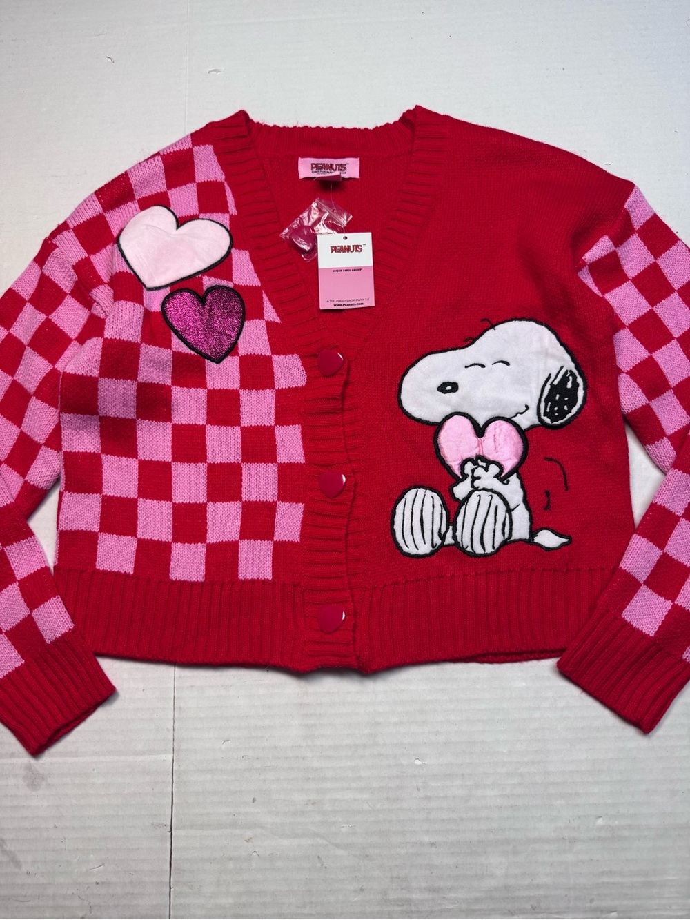 Peanuts Women's Snoopy  Luv Heart Cardigan Sweater Red Pink Size: XS New W/ Tags